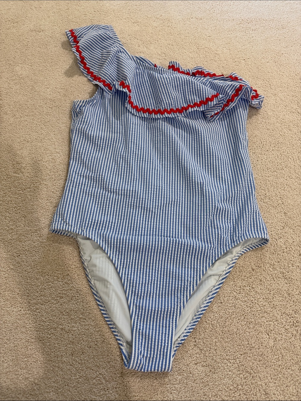 J. Crew Blue and White Striped One-Shoulder Swimsuit with Red Trim